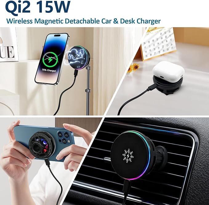 S32 15W Wireless Magnetic Detachable Car - MagSafe Compatible, 3-Second Peltier Cooling, Fast Charging for iPhone 17/16/15 Pro Max, Galaxy S25 (Black)