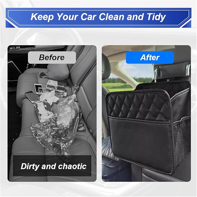 Car Back Seat Organizer, Waterproof Leather Automotive Backseat Hanging Bag with Cup Holders, Large Capacity Car Trash Can, Vehicle Travel Accessories for Most Vehicles (2PCS/Black)