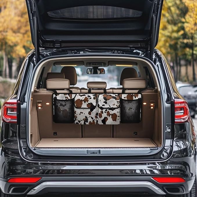 Car Trunk Organizer and Storage Backseat Hanging Organizer Brown Cow Print Car Accessories Oxford Cloth Washable Space-Saving Backseat Car Organizer for SUV/MPV/Truck/Sedan/Van