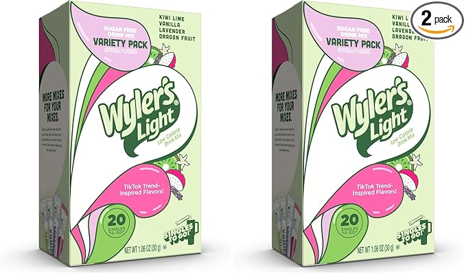 Wyler's Light Singles to Go Powder Packets, Water Drink Mix, Variety, Watertok Base Flavors, Kiwi Lime, Vanilla, Lavender, and Dragon Fruit, Sugar & Caffeine Free, On-The-Go, 20 Count (Pack of 2)