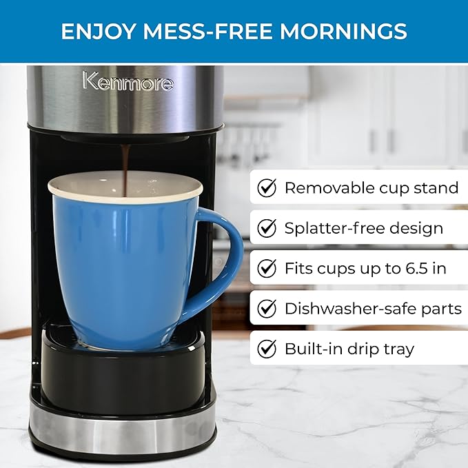Kenmore Single Serve Coffee Maker – Compatible with Keurig K‑Cup Pods & Ground Coffee, One Cup Brewer, 6–14 Oz Brew Sizes, Travel Mug Friendly, Auto Shut‑Off, Hot & Iced Maquina de cafe, Black
