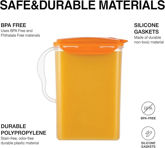 LocknLock HAP607ORG Aqua Fridge Door Water Jug with Handle, BPA-Free Plastic Pitcher with Flip-Top Lid and Easy-Pour Spout for Water, Juice, Tea, and Other Drinks, 3-Quart, Orange