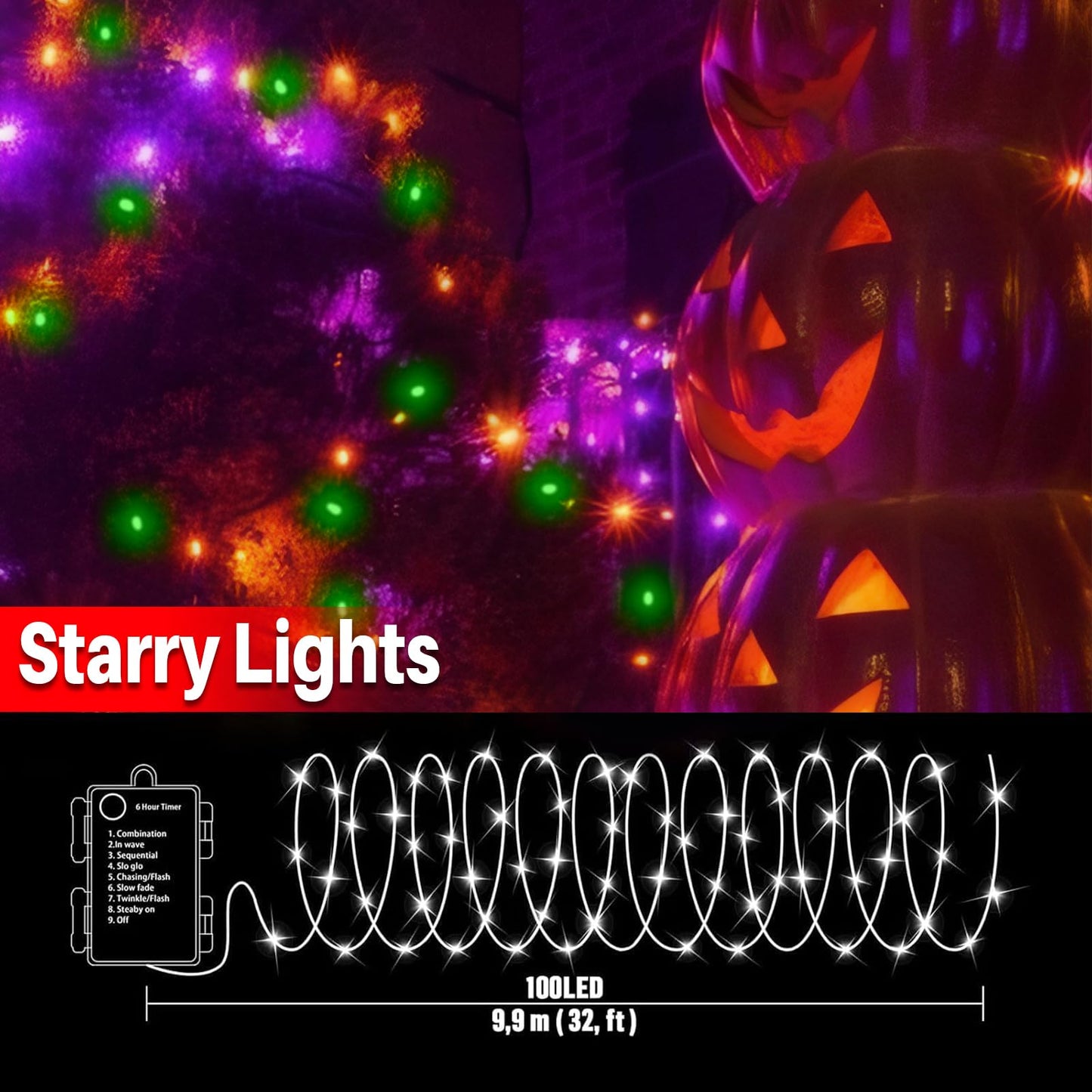 LAMPHOME 100 LED Fairy Lights Battery Operated Remote, 33FT, Plastic, Orange Purple Green, Model 0202002