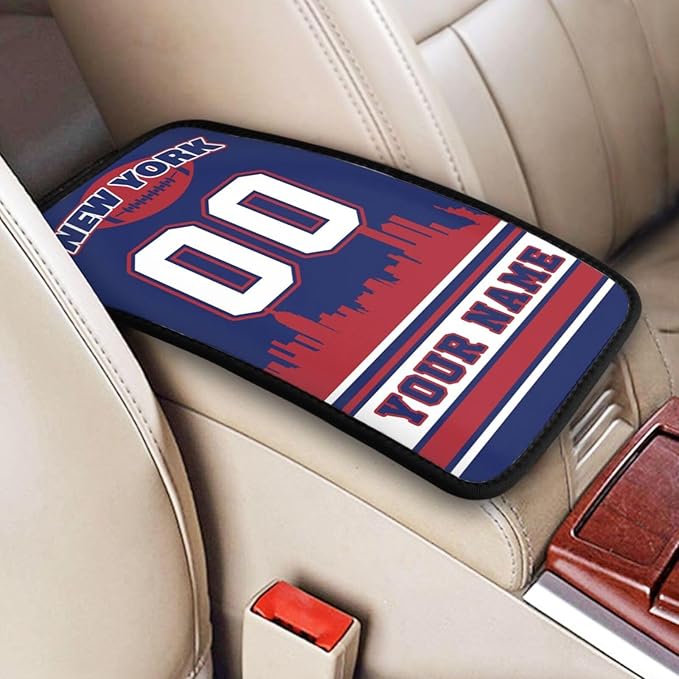 Custom New York Car Armrest Covers Personalized Football Style with Name Number Customized Auto Center Console Pad Car Handrail Box Cushion for Most Vehicle Decor Accessories, Fans Gift