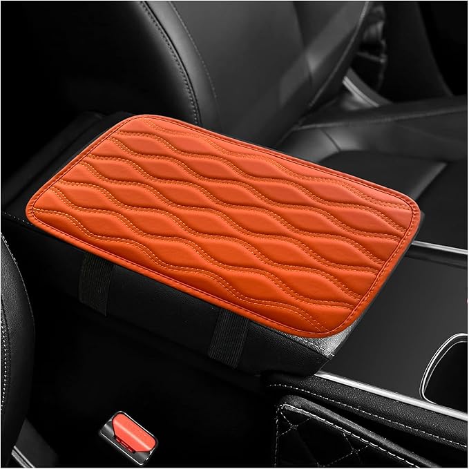 Car Center Console Pad, Waterproof PU Leather Auto Armrest Box Cover, Comfortable Vehicle Arm Rest Protector Cushion Pad for Car SUV, Universal Car Accessories (Orange)