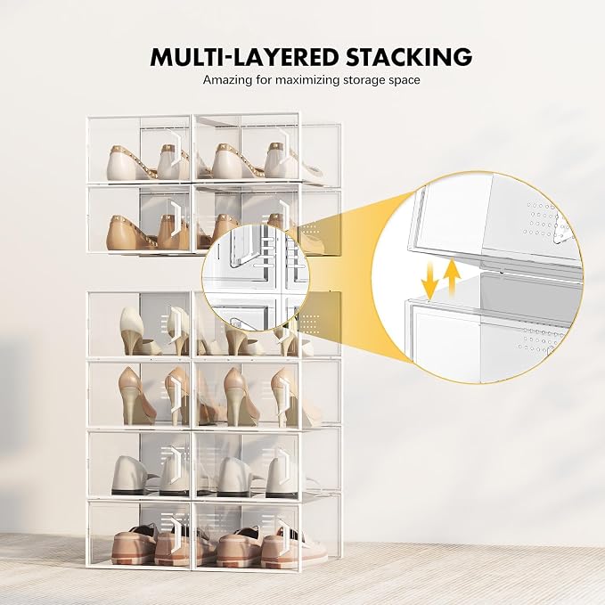 SEE SPRING XX-Large Shoe Storage Box Fit Size 14, Clear Plastic Stackable Shoe Organizer for Closet, Space Saving Sneaker Shoe Rack Containers Bins Holders for Entryway, 12 Pack Clear