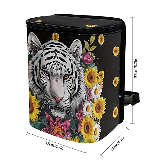 White Tiger Floral Car Trash Can, Hanging Zipper Design Garbage Bin for Backseat