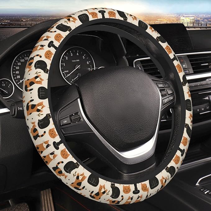 Neoprene Steering Wheel Cover Cute Cartoon Cats Pattern Car Steering Wheel Cover Universal Fit for Most Cars