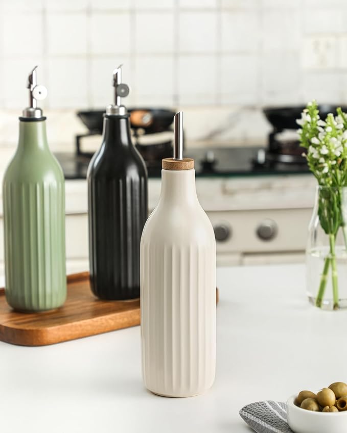 FE FUN ELEMENTS Olive Oil Dispenser Bottle, 19 oz Oil Dispenser for Kitchen and Vinegar Dispenser Bottle, Suitable for Vinegar, Coffee Syrups & Other Liquids, White and Green Set of 2