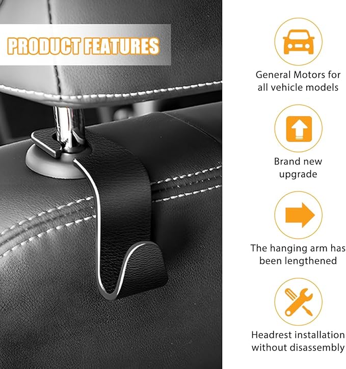 HZEL Car Seat Headrest Hook, 4PCS Vehicle Back Seat Hanger Hook for Purse Coat Umbrella, Multifunctional Auto Interior Storage Organizer Accessories, Universal for SUV RV Truck (Black)