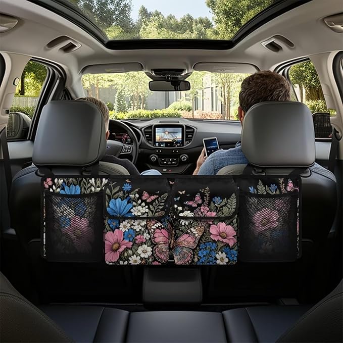 Car Trunk Organizer, Large Auto Backseat Hanging Organizer, Thick Backseat Storage Bag with Pockets, Car Trunk Tidy Storage Bag with Lids Decoration,Black Floral Butterfly Garden