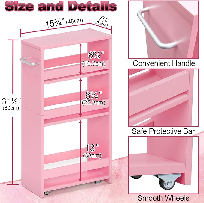 MARTY Rolling Storage Cart 7.9" W, 4-Tier Kitchen Cart with Wheels Handle, Slim Storage Cart Mobile Shelving Utility Carts for Bathroom Laundry Room Organization Narrow Places (Pink)