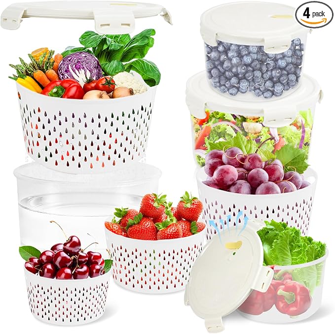 8 Pieces Airtight Fruit Storage Containers for Fridge with Air Circulation Vent, 4 Pack Round Produce Saver with Colander for Berry Lettuce Salad Vegetable Storage, Refrigerator Organizers -White