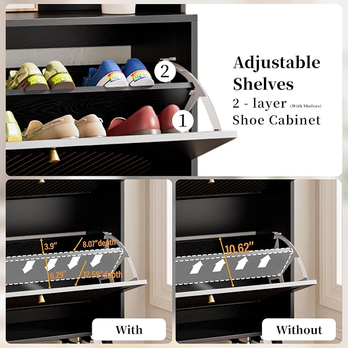 Fsbecl Shoe Cabinet for Entryway with 2 Flip Drawers & Coat Rack, Narrow Hidden Shoe Storage Cabinet with Fluted Panel, 2-in-1 Hall Tree Slim Freestanding Shoe Rack Organizer for Hallway, Black