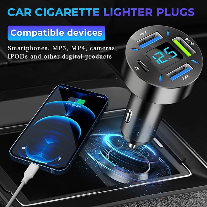 Augeny USB C Car Charger, 4 Port Auto Fast Charger with USB PD & QC 3.0, Cigarette Lighter USB Automotive Adapter Compatible with Most Mobile Cell Phone, Car Accessories (PD+QC 3.0)