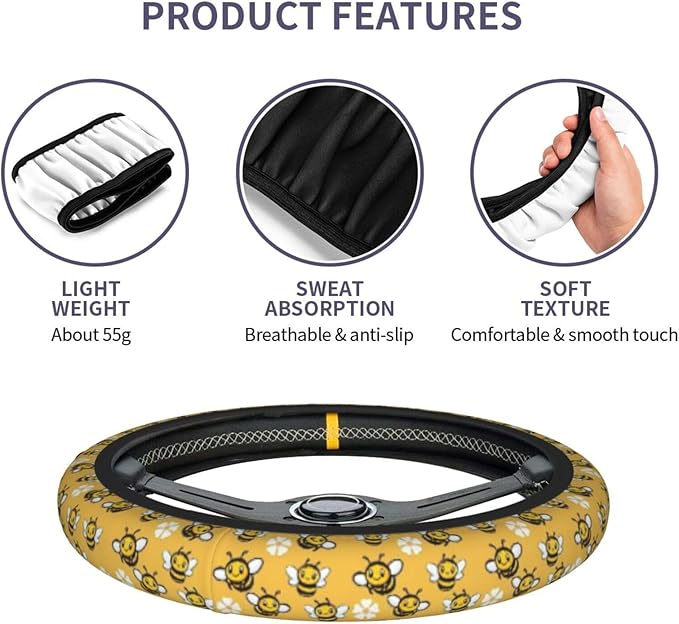 Bee Steering Wheel Cover for Women Men Girls Car Accessories Decor Anti-Slip Neoprene Auto Steering Wheel Covers Protector Universal 15 Inch