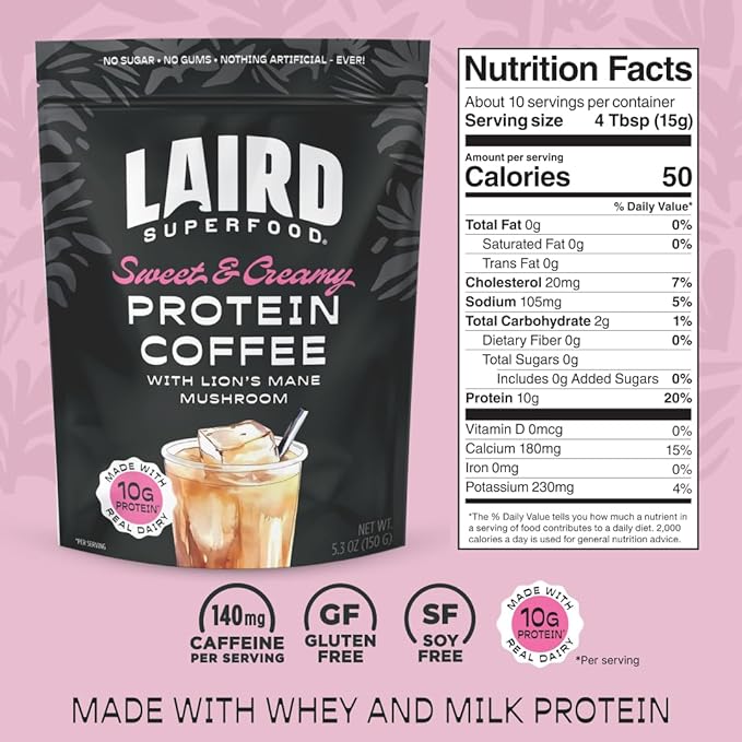 Laird Superfood Protein Coffee Powder - Sweet & Creamy Whey Protein, Instant Coffee Mix with Lion’s Mane - 10G Protein, 140mg Caffeine, 0g Sugar