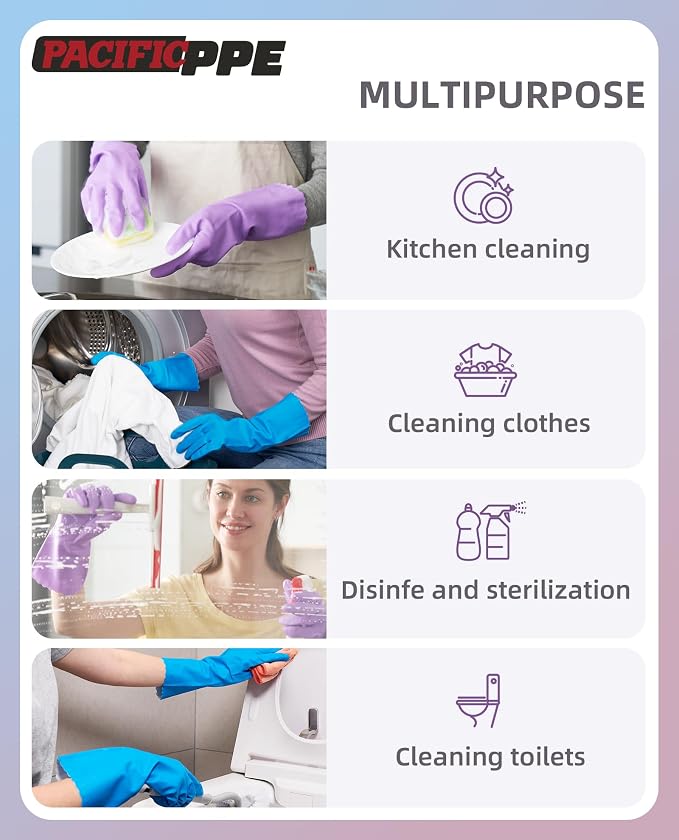 PACIFIC PPE 2 Pairs Reusable Dishwashing Cleaning Gloves with Latex Free, Cotton Lining, Kitchen Gloves, Blue, Large