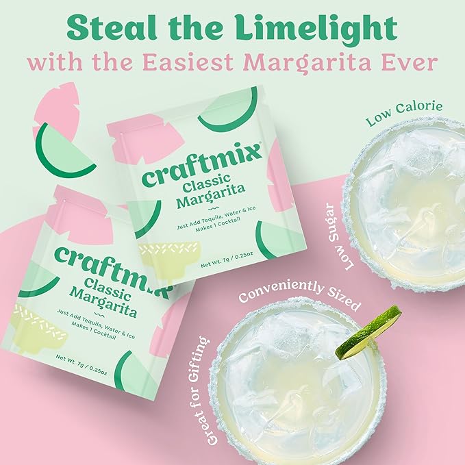 Craftmix Classic Margarita Cocktail & Mocktail Drink Mixer, Skinny Mixes - Water Flavoring Packets - Made With Real Fruit - Vegan, Low-Carb, Low-Sugar, Non-GMO, Dairy Free, Gluten Free, 12 Pack