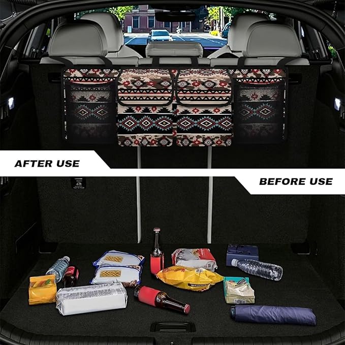 Tribal Aztec Pattern Car Trunk Organizer, Large Capacity Backseat Trunk Organizer with Adjustable Straps, Backseat Hanging Car Storage Organizer Foldable Cargo Storage