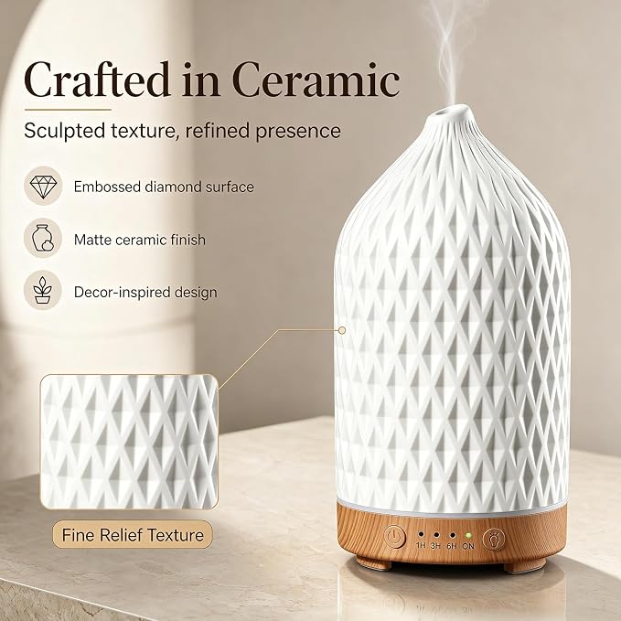 Gooamp 200ML Ceramic Essential Oil Diffuser - Ultrasonic Aromatherapy & Humidifier with 7-Color LED Lights, Auto Shut-Off, Rhombus, 1H/3H/6H Timer | Scent for Home,Office,Yoga