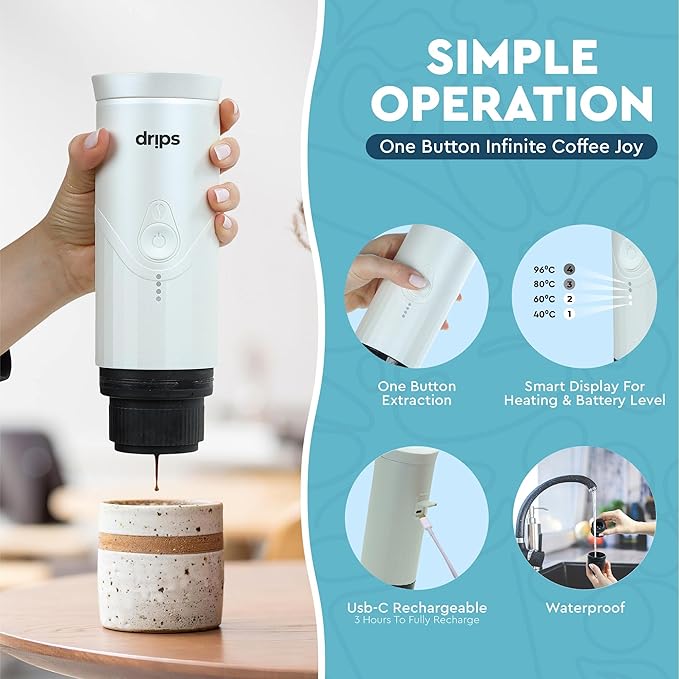 drips Portable Electric Espresso Machine with 3-4 Minute Self-Heating, 20 Bar Mini Coffee Maker Compatible with NS Capsule & Ground Coffee for Camping, Travel, Hiking, Office (Matte Black)