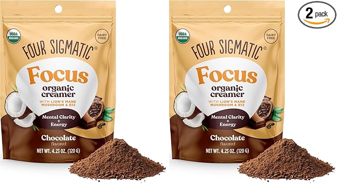 Four Sigmatic Focus Chocolate Coffee Creamer | Organic Non Dairy Coffee Creamer with Lion’s Mane and Vitamin B12 | Chocolate, 4.23 oz (Pack of 2)