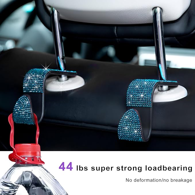 4 PCS Car Seat Headrest Hooks, Bling Crystal Rhinestone Back Seat Hanger Storage Organizer, Sparkly Seatback Holder Hooks for Purse and Bags Universal For Most Vehicles (Lake Blue)