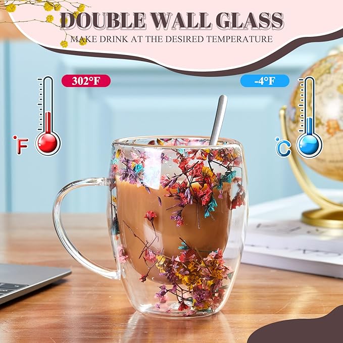 Rtteri 11.8 oz Double Wall Glass Coffee Mug with Bamboo Lid and Spoon Clear Flower Insulated Coffee Mugs with Handle Double Glass Cup Tea Cup for Cappuccino Latte Beverage
