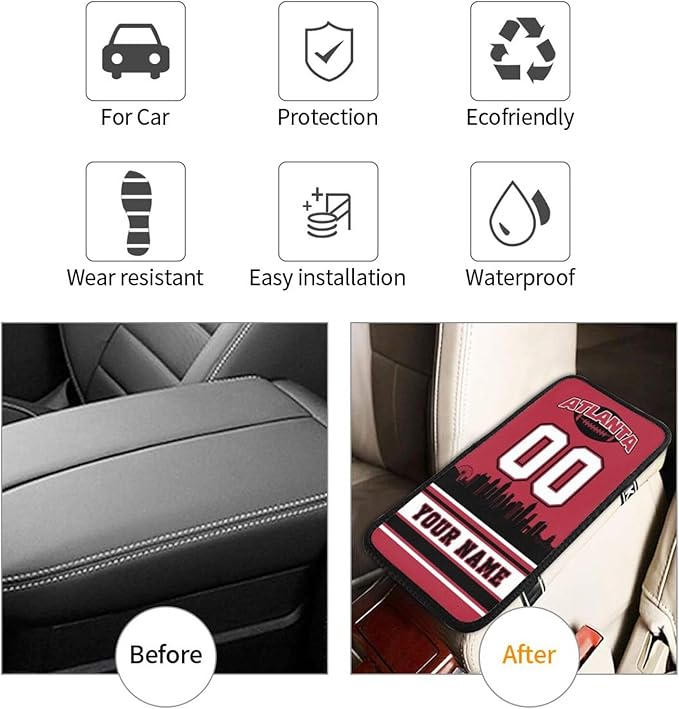 Custom Atlanta Car Armrest Covers Personalized Football Style with Name Number Customized Auto Center Console Pad Car Handrail Box Cushion for Most Vehicle Decor Accessories, Fans Gift