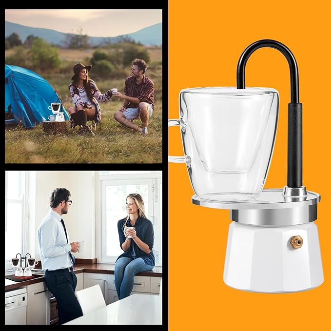 MVPLUE-Mini Express Swiss Single Tube Moka Pot Aluminum Ivory white，Moka Set includes One Double Wall 3oz Cup,Enjoy delicious coffee in no time