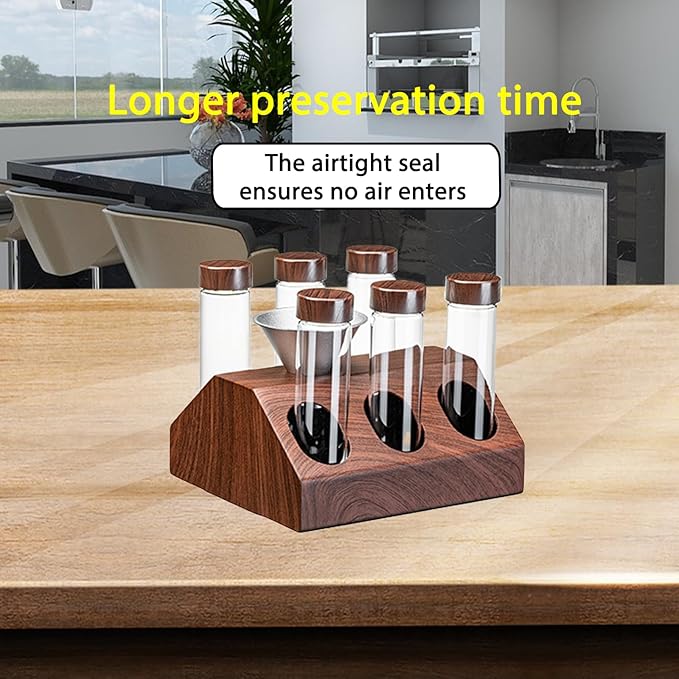Wooden Coffee Bean Sampling Set with Test Tubes, Funnel - Coffee Bean Storage & Tasting Kit for Coffee Lovers, Cafes (F)