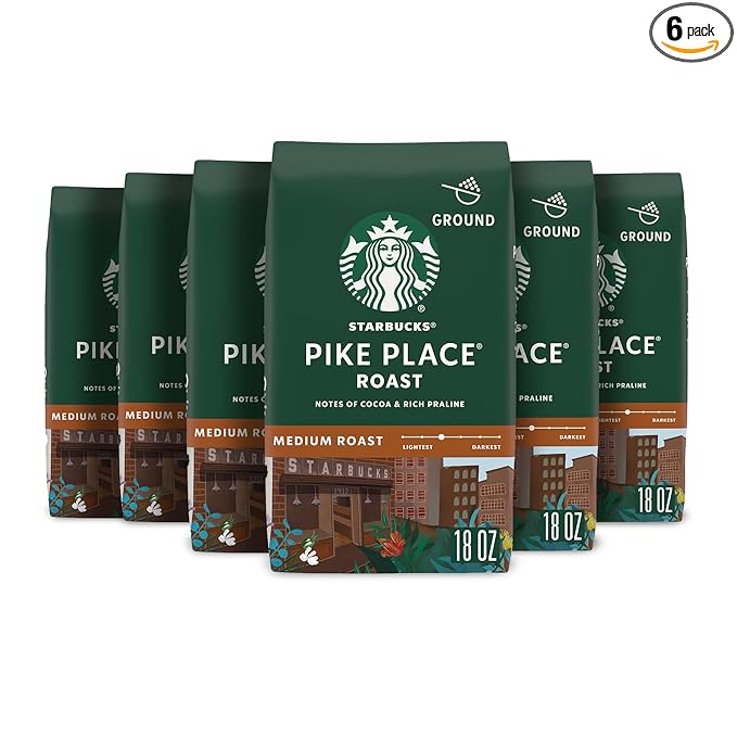Starbucks Ground Coffee, Medium Roast Hot or Iced Coffee, Pike Place Roast, Six 18 oz Bags