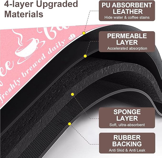 Absorbent Coffee Mat, Fashion Dish Drying Mat for Kitchen Counter Coffee Bar Accessories Espresso Machine Dish Rack 17" x 32" Pink
