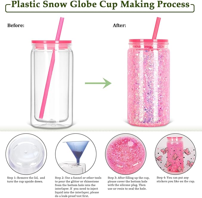 16 Oz Plastic Snow Globe Tumbler with Lid and Straw,16 Pack Double Wall Pre Drilled Plastic Mason Jar Cups Can for Snow Globe Glitter DIY Gift(Mixed Colors)