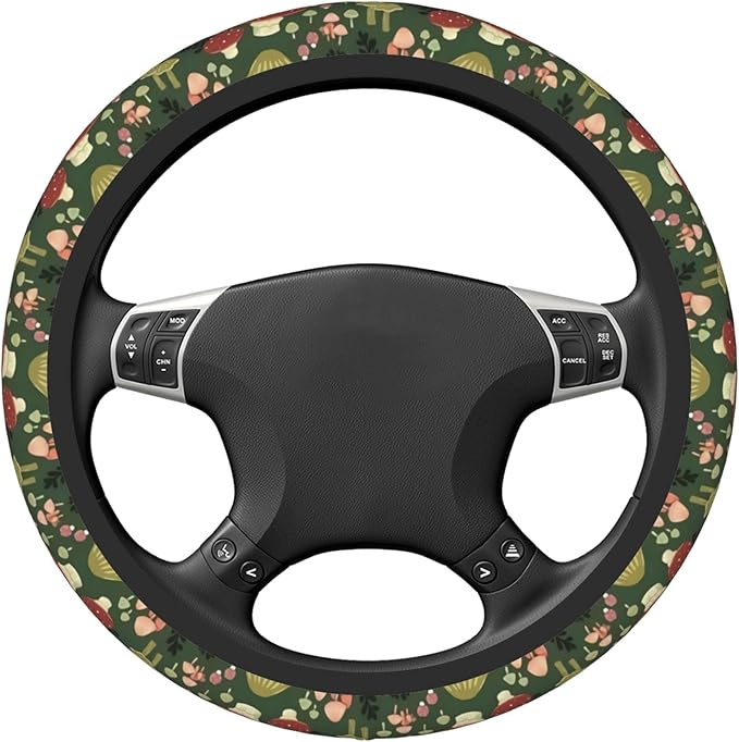 Green Mushrooms Steering Wheel Cover for Women Men Girls, Universal 15 Inch Anti Slip Steering Wheel Protector Car Accessories Interior for Auto Truck SUV