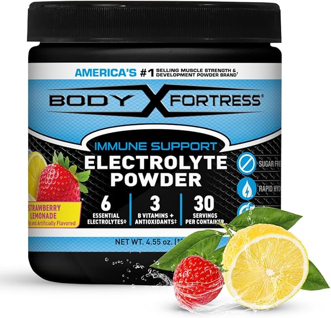 Body Fortress Electrolyte Powder Strawberry Lemonade - Rapid Hydration Drink Mix with 6 Essential Electrolytes & 3 B Vitamins - Sugar Free, Keto Friendly, No Color Added, Clear Hydration - 30 Servings