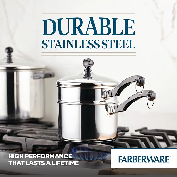 Farberware Classic Series Stainless Steel Double Boiler and Saucepan with Lid, Double Boilers For Stove Top, 2-Quart