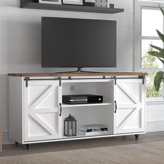 4ever2buy Farmhouse Coffee Bar Cabinet with Storage, 58'' Sideboard Buffet Cabinet with Sliding Barn Door, White Coffee Bar with Gourd Feet, Farmhouse Cabinet for Living Room