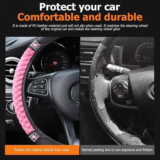 Bling Car Steering Wheel Cover, 15 Inch Crystal Rhinestone Elastic Stretch Leather Steering Wheel Protector, Vehicle Decor Accessories for Women Girls, Universal for RV, SUV, Truck (Pink)