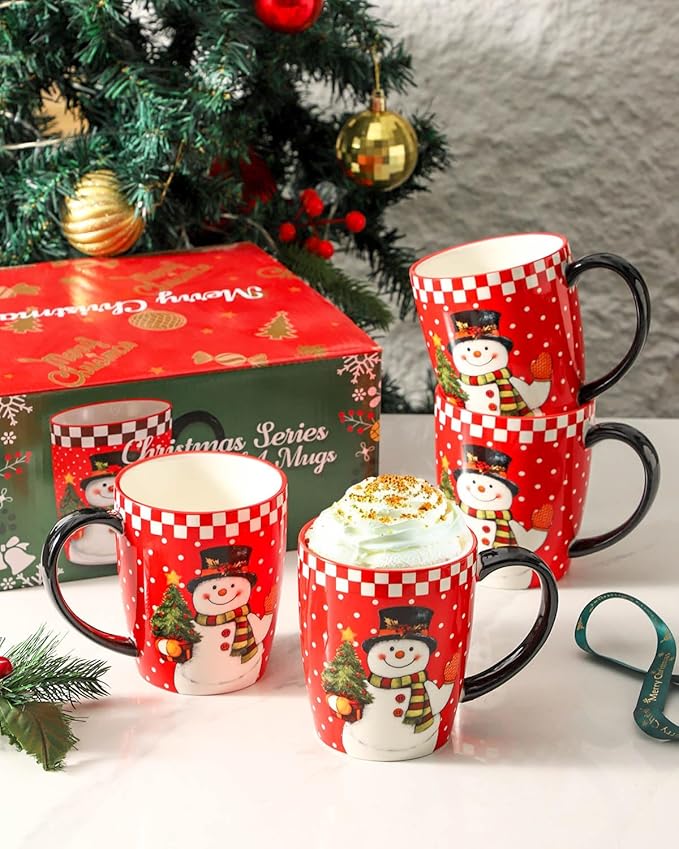 HASENSE Coffee Mugs for Valentine's Day, 15 OZ Coffee Cups Ceramic Set of 4 with Handle for Man Woman, Colorful Christmas Porcelain Coffee Cups Set for Tea, Cocoa, Milk, Latte and Cappuccino