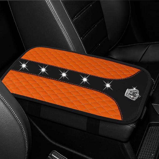 Bling Crown Car Center Console Cover, 12.7"×7.7" Armrest Cover for Cars, Waterproof Leather Arm Rest Box Pad Cushion, Universal Middle Console Cover Protector, Car Accessories (Orange)