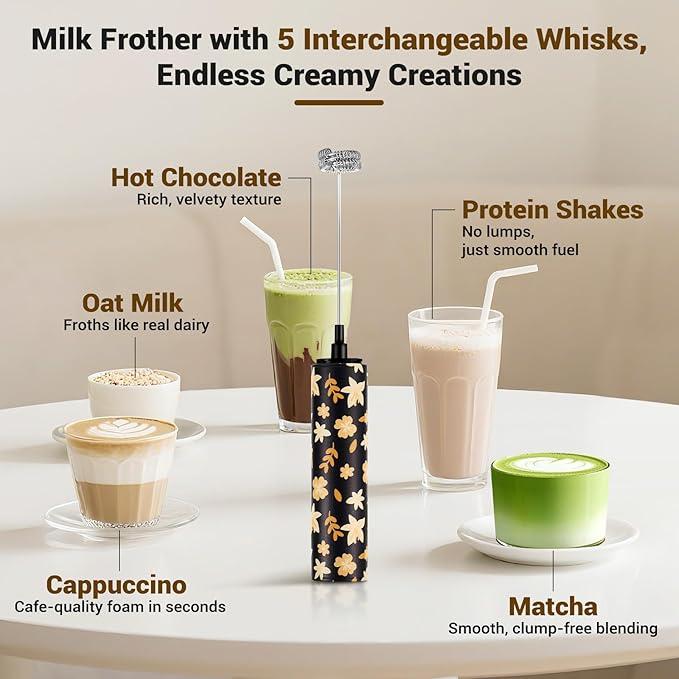 Milk Frother Handheld Rechargeable - 2-Speed Electric Whisk with 5 Detachable Heads (Frother/Mixer/Whisk) for Coffee, Latte, Cappuccino & Matcha, Drink Mixer (Flower 13)
