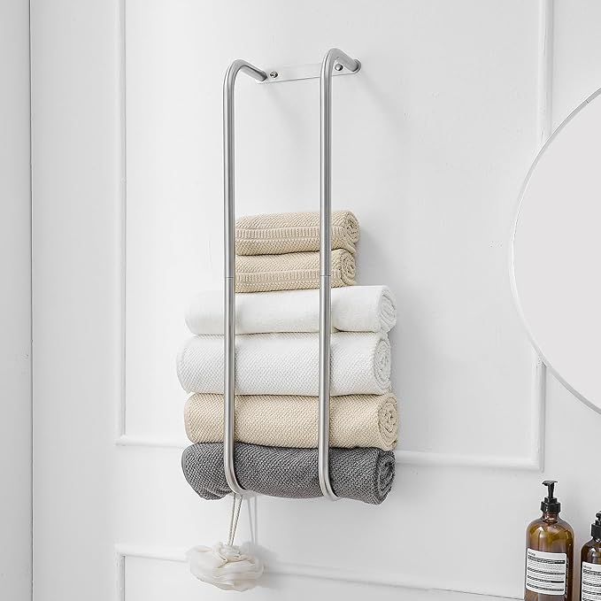 BWE Brushed Nickel Towel Racks for Bathroom, Wall Mounted Towel Rack for Rolled Towels, Bathroom Towel Storage, Stainless Steel Vertical Towel Holder, Bathroom Organizer