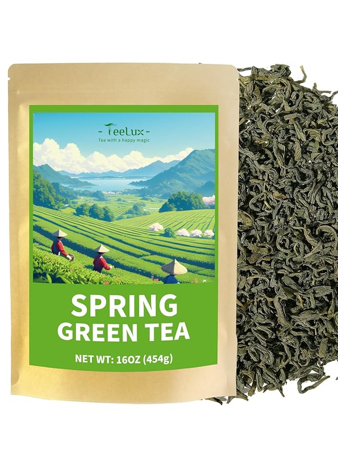 TeeLux Green Tea Loose leaf, Premium Early Spring Green Tea, Fresh & Mellow Taste, Handpicked Young Leaves & Buds, 16oz