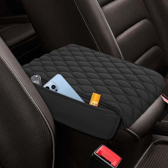 Upgraded Car Center Console Cover, Armrest Cover for Car, Waterproof Leather Auto Armrest Cover Protector with 2 Pocket, Comfortable Arm Rest Box Cushion Pad for Vehicles, Trucks (Black)
