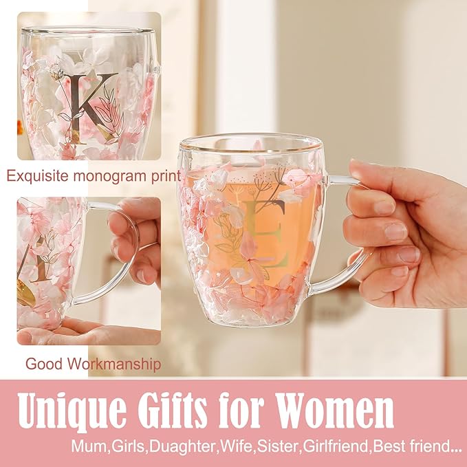 Personalized Gift for Women Double Wall Glass Flower Coffee Mug Tea cup Monogrammed Customized Birthday Valentine Mother's Day Christmas Gifts for Women Mom Wife Friends Sister Stocking Stuffers (E)