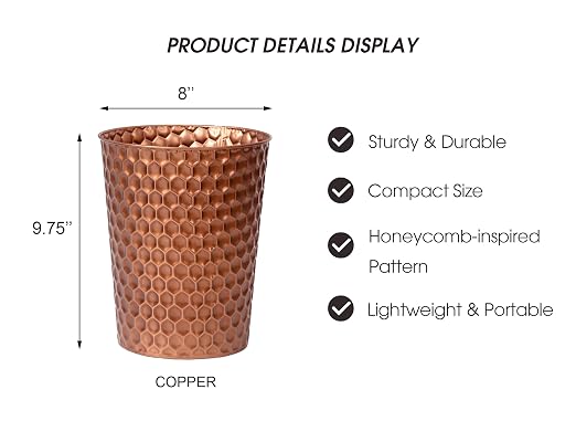 Venalys Small Metal Trash Can Wastebasket, Decorative Honeycomb Garbage Can Waste Basket, Modern Farmhouse Round Trash Bin for Bathroom, Bedroom, Kitchen and Office (Copper)