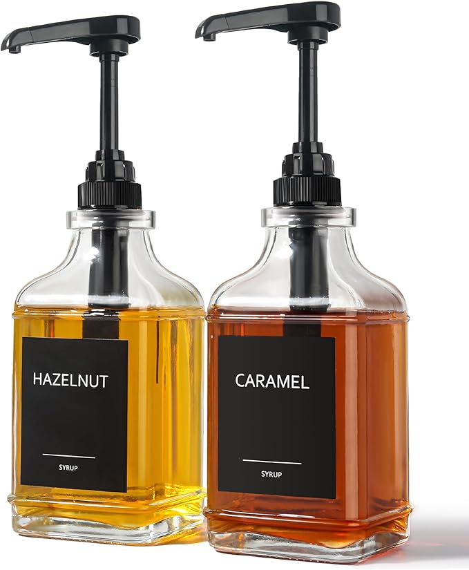 GMISUN Coffee Syrup Dispenser, 16.9 fl oz Syrup Pump Dispenser for Coffee Bar Accessories, Square Glass Syrup Bottle for Coffee Bar Essentials, Simple Maple Syrup Bottles with ¼oz Large Capacity Pump