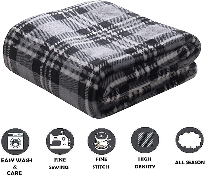 Elegant Comfort Luxury Velvet Super Soft Christmas Prints Fleece Blanket-Holiday Theme Home Décor Fuzzy Warm and Cozy Throws for Winter Bedding, Couch and Gift, 50 x 60 inch, Gray Plaid Throw